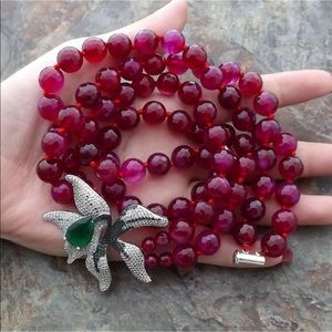 NWT. 2 Strands Fuchsia Agate CZ .Rhinestones Flower Necklace. 18”.